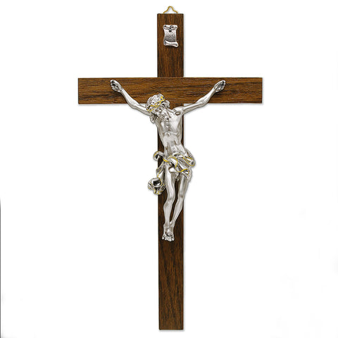 Dark- Wood Wall Cross with Silver Plated Corpus