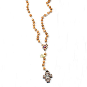 6mm Light Wood Rosary with St. Francis Center & San Damiano Cross