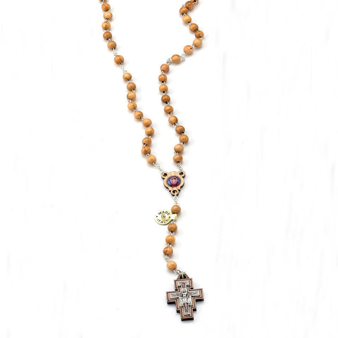 6mm Light Wood Rosary with St. Francis Center & San Damiano Cross