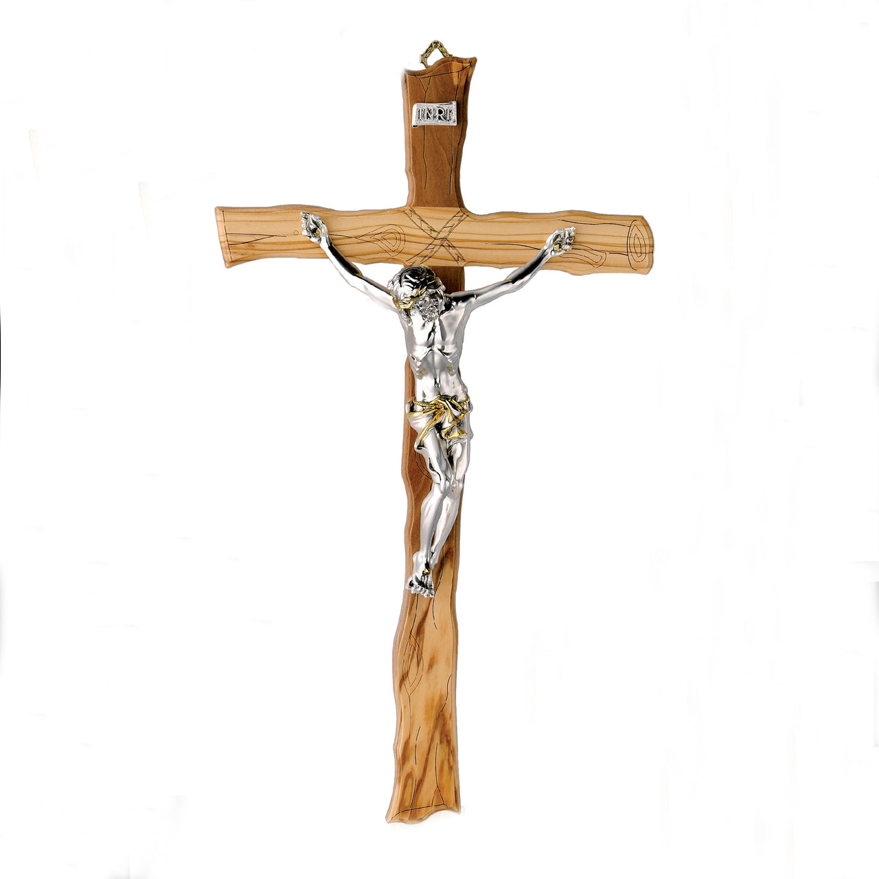 Textured Olive- Two Toned Wood Wall Cross with Silver Plated Corpus