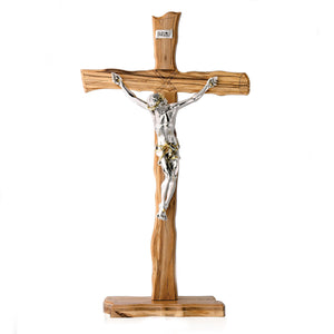 Textured Olive- Two Toned Wood Wall Cross with Silver Plated Corpus  on Base