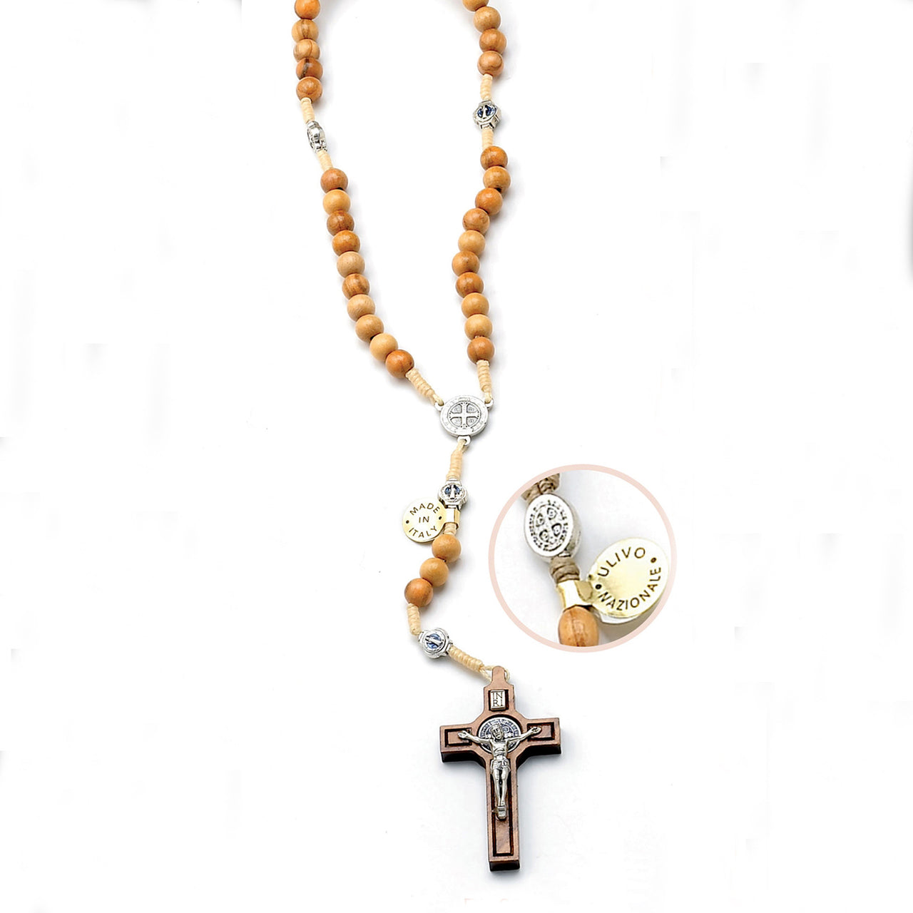 7mm Olive Wood St. Benedict Cord Rosary with Round Beads