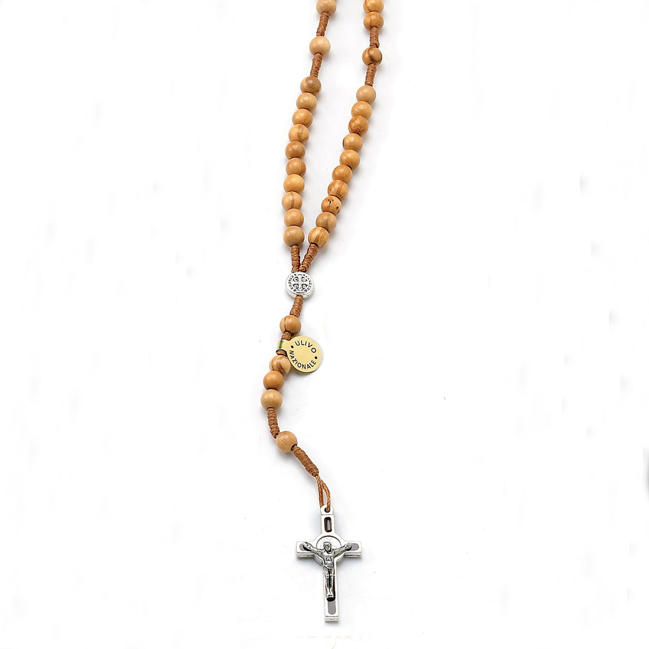 6mm Olive Wood St. Benedict Cord Rosary with Silver Tone Cross