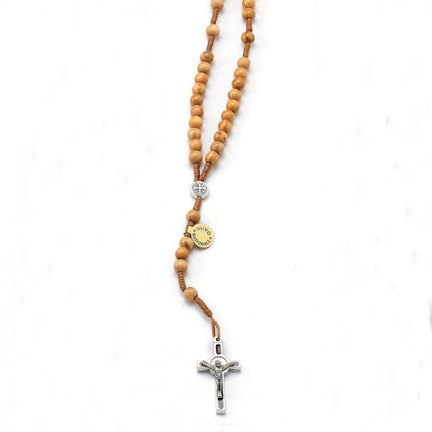 6mm Olive Wood St. Benedict Cord Rosary with Silver Tone Cross