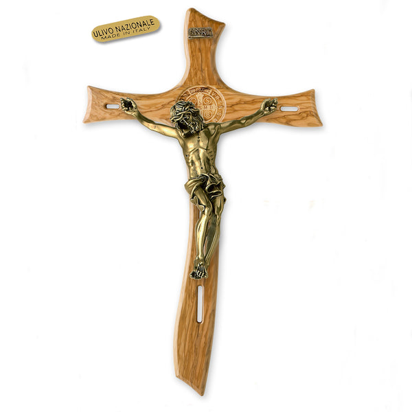 St. Benedict Medal- Large Wood Cross with Antique Gold Tone Corpus