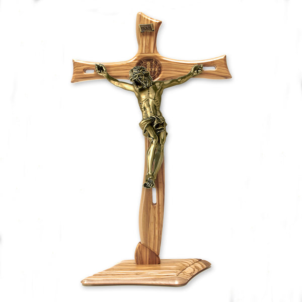St. Benedict Medal- Large Wood Cross on Base with Antique Gold Tone Corpus