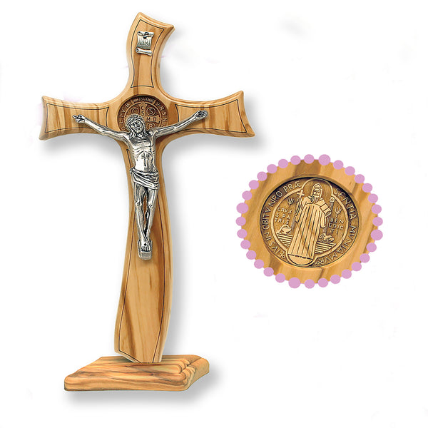 Unique St. Benedict Medal- Olive Wood Cross on Base with Silver Plated Corpus