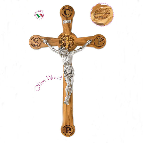 Olive- St. Benedict Wood Wall Cross with Silver Plated Corpus