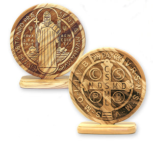 4" Unique Olive Wood St. Benedict Medal on Base