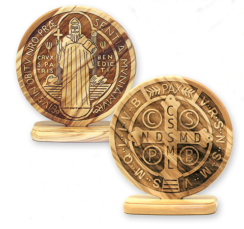 2-3/4" Unique Olive Wood St. Benedict Medal on Base