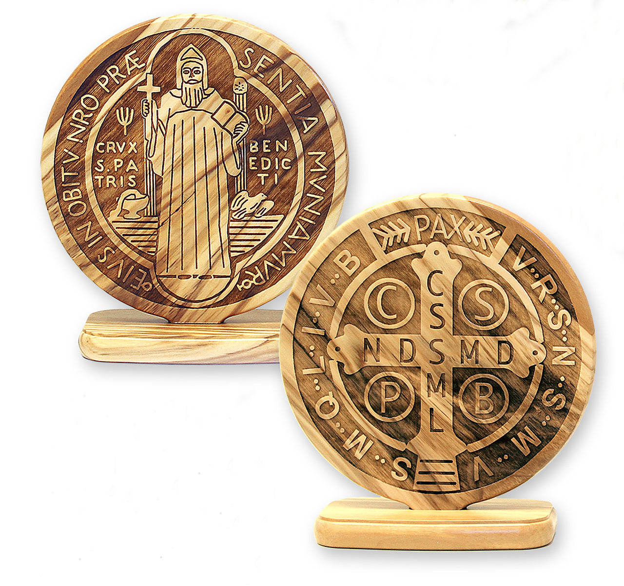 8" Unique Olive Wood St. Benedict Medal on Base