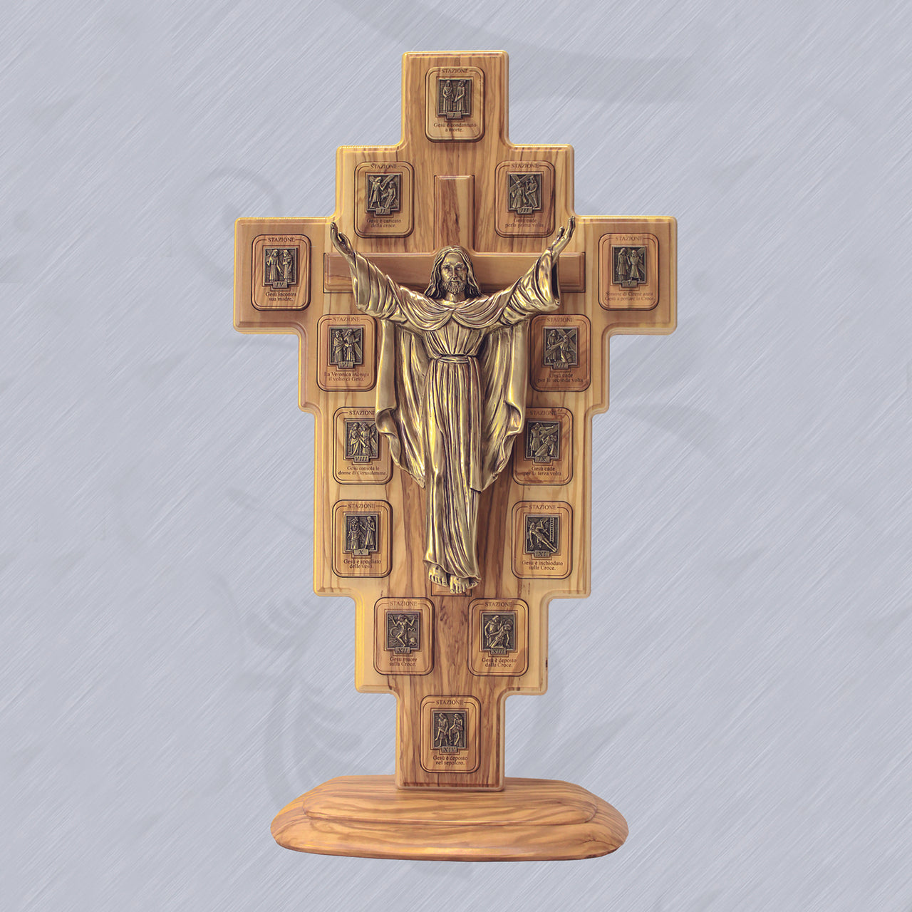 Gold Tone- Stations of the Cross on Olive Wood Base