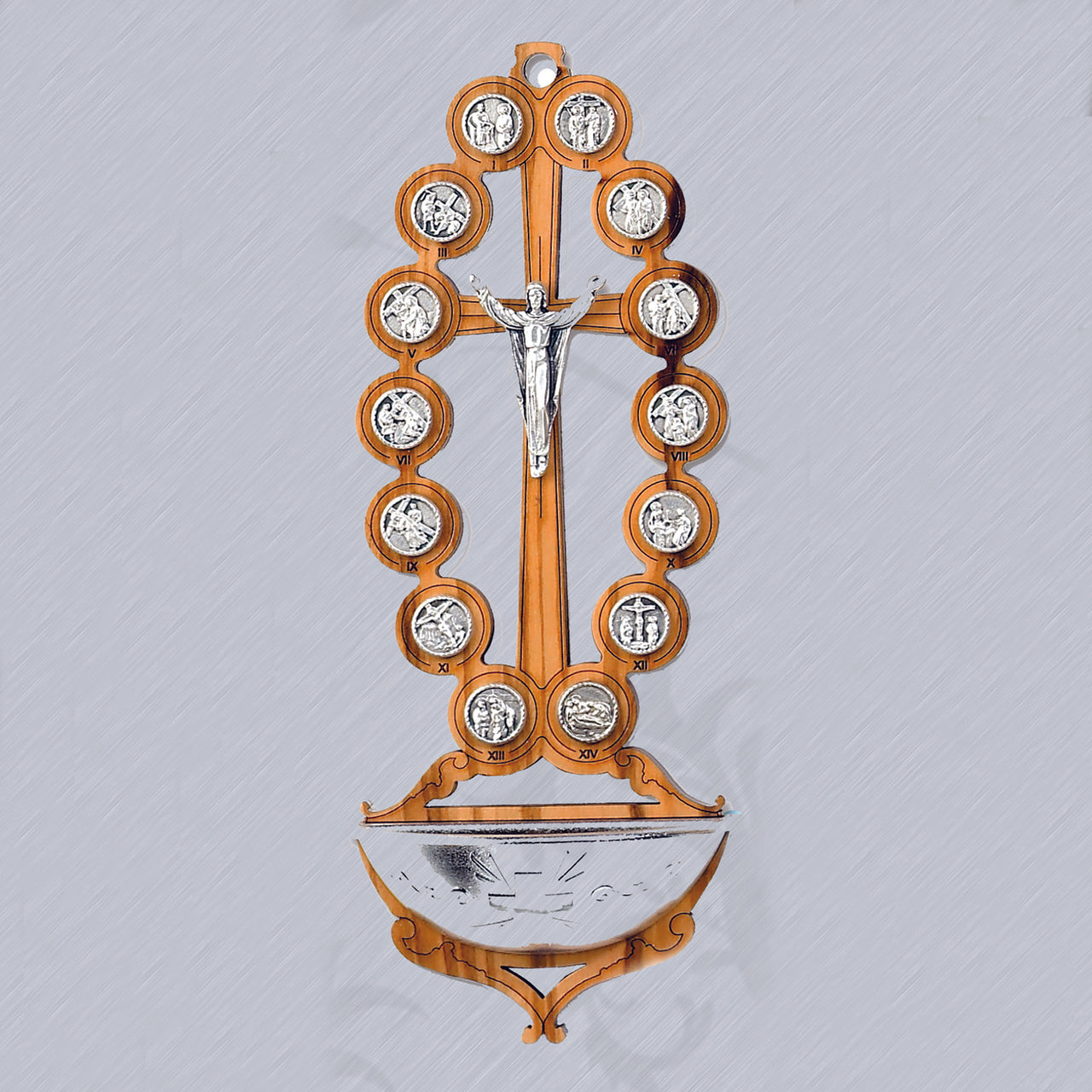 Silver Plated- Stations of the Cross on Olive Wood Holy Water Font
