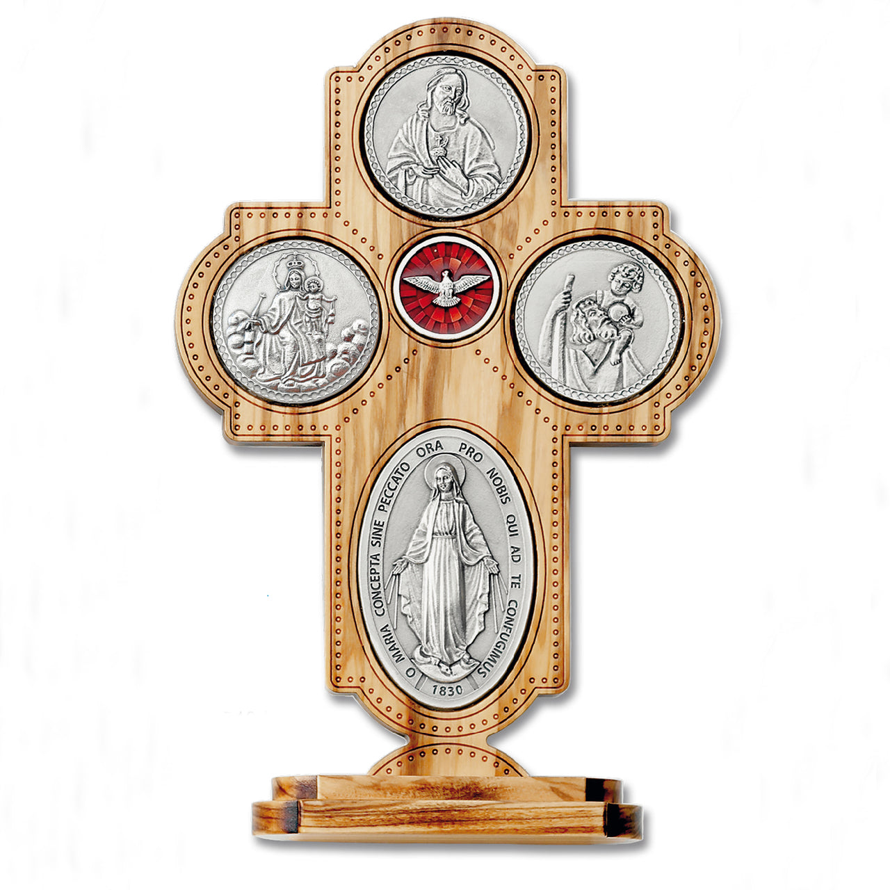 Silver Toned- Medals on Olive Wood with Base