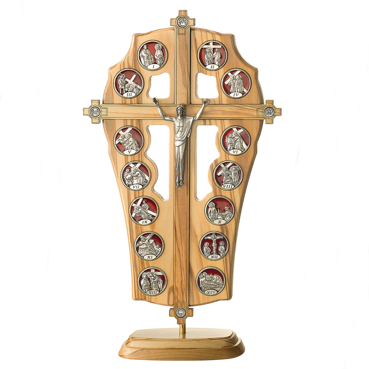 Enameled- Stations of the Cross on Olive Wood with Base