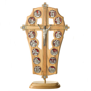 Enameled- Stations of the Cross on Olive Wood with Base
