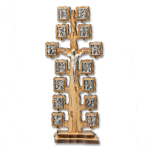 Tree Form- 13-1/2" Stations of the Cross on Olive Wood with Base