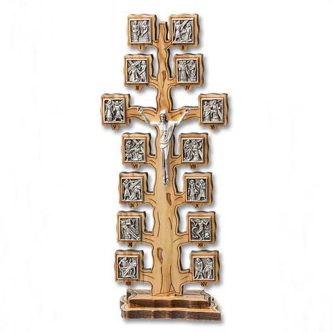 Tree Form- 13-1/2" Stations of the Cross on Olive Wood with Base