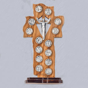 Classic Cross- 5-1/4" Stations of the Cross on Olive Wood with Base