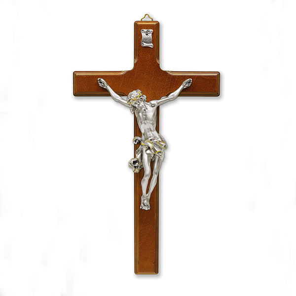Coffee Brown- Wood Wall Cross with Silver Plated Corpus