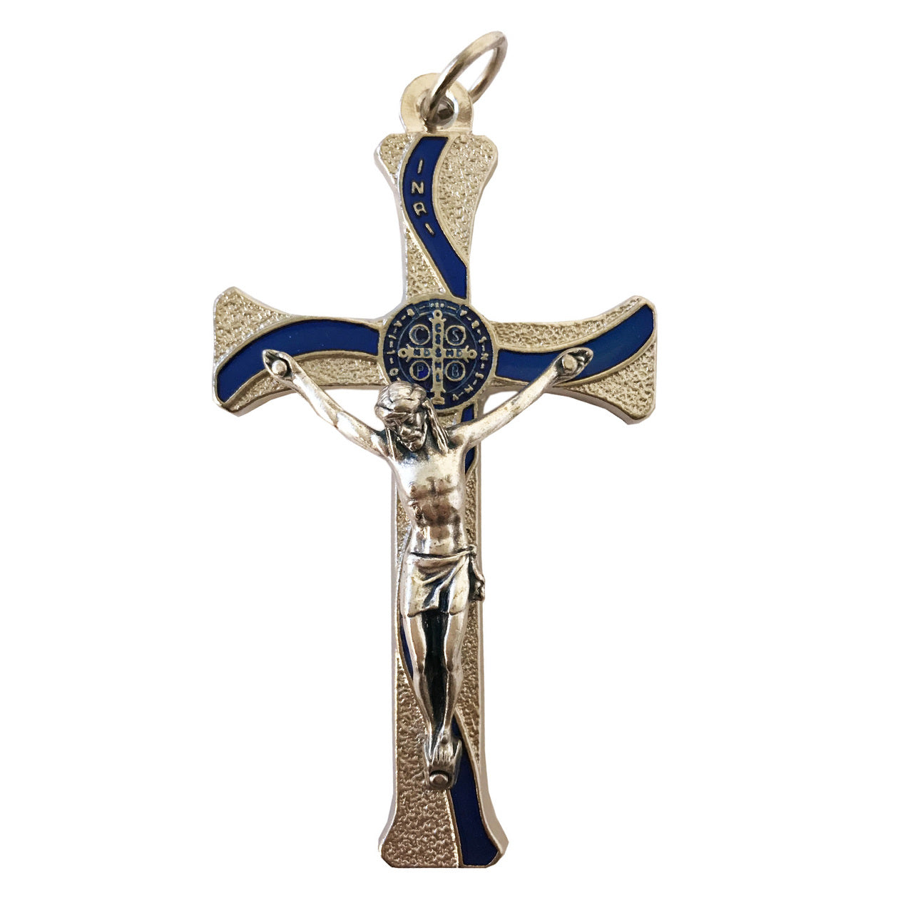 Blue- St. Benedict Cross with Silver Tone Corpus and Medal