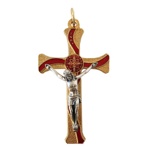 Red- St. Benedict Cross with Gold Tone Corpus and Medal
