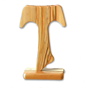 11-1/4" Olive Wood Tau Cross on Base